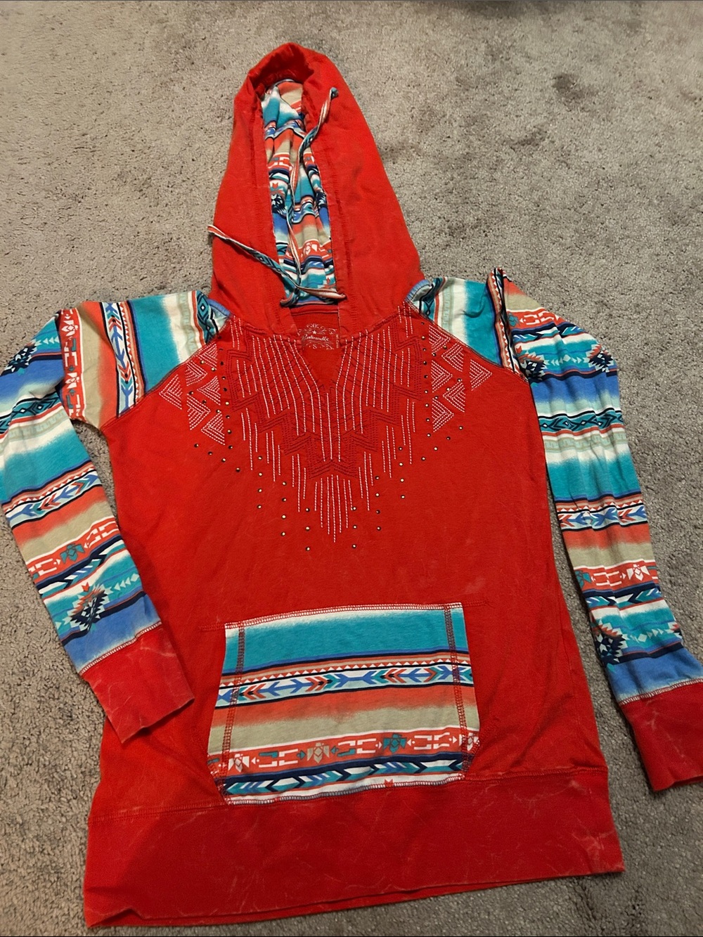 Bright Red Long-Sleeve Hooded Pullover with Turquoise Patterned Sleeves
